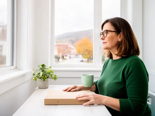 A woman with shoulder-length brown hair and tortoiseshell glasses at a desk with a folder and a mug in a small back office.